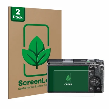 Front side of a product packaging with the brand logo ScreenLeaf. Next to it is the device Ricoh GR III HDF shown with the cor