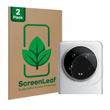 Front side of a product packaging with the brand logo ScreenLeaf. Next to it is the device Xiaomi 14 Ultra (ONLY Camera Lens) 