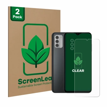 Front side of a product packaging with the brand logo ScreenLeaf. Next to it is the device Nokia G42 5G (Front+Camera) shown w
