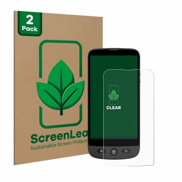 Front side of a product packaging with the brand logo ScreenLeaf. Next to it is the device Swissvoice S510-C shown with the co