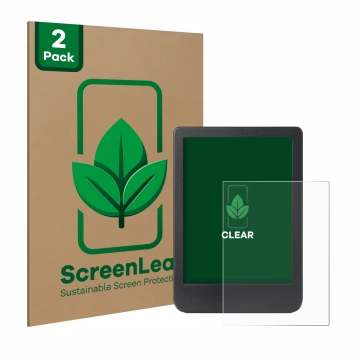 Front side of a product packaging with the brand logo ScreenLeaf. Next to it is the device Kobo Clara BW shown with the corres