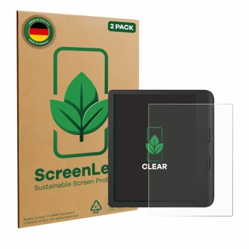 Front side of a product packaging with the brand logo ScreenLeaf. Next to it is the device Tolino Vision Color 2024 shown with