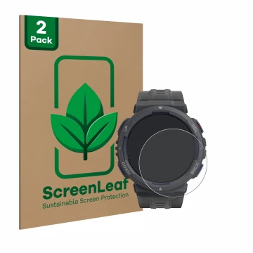 Front side of a product packaging with the brand logo ScreenLeaf. Next to it is the device Amazfit Active Edge shown with the 