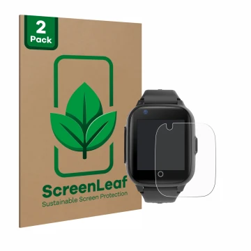 Front side of a product packaging with the brand logo ScreenLeaf. Next to it is the device Leotec Kids Allo Plus 4G shown with
