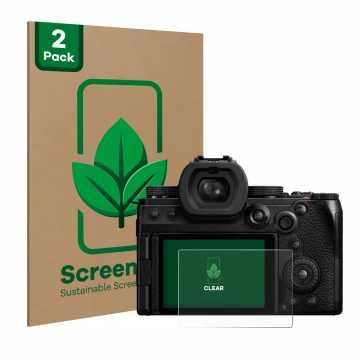 Front side of a product packaging with the brand logo ScreenLeaf. Next to it is the device Panasonic Lumix DC-S5II shown with 