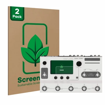 Front side of a product packaging with the brand logo ScreenLeaf. Next to it is the device Hotone Ampero II Stage shown with t