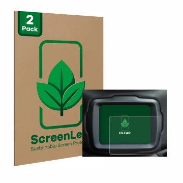 Front side of a product packaging with the brand logo ScreenLeaf. Next to it is the device Jeep Renegade BJ 2018 - 2023 (Uconn