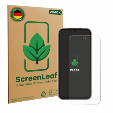 Front side of a product packaging with the brand logo ScreenLeaf. Next to it is the device Google Pixel 8a shown with the corr
