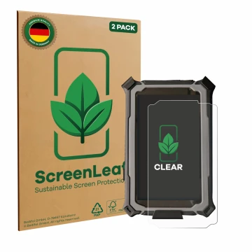 Front side of a product packaging with the brand logo ScreenLeaf. Next to it is the device Carpe Iter Pad V4B shown with the c