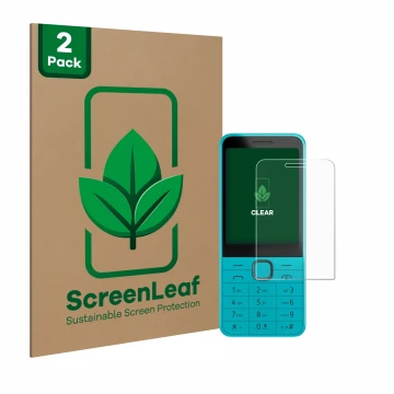Front side of a product packaging with the brand logo ScreenLeaf. Next to it is the device Nokia 235 4G (2024) shown with the 