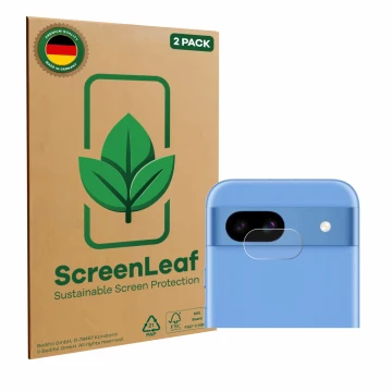 Front side of a product packaging with the brand logo ScreenLeaf. Next to it is the device Google Pixel 8a (ONLY Camera Lens) 