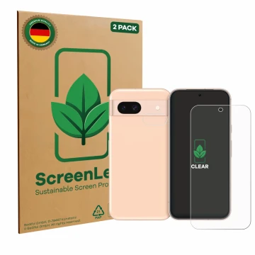 Front side of a product packaging with the brand logo ScreenLeaf. Next to it is the device Google Pixel 8a (Front+Camera) show