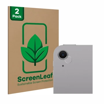 Front side of a product packaging with the brand logo ScreenLeaf. Next to it is the device Apple iPad Air 11