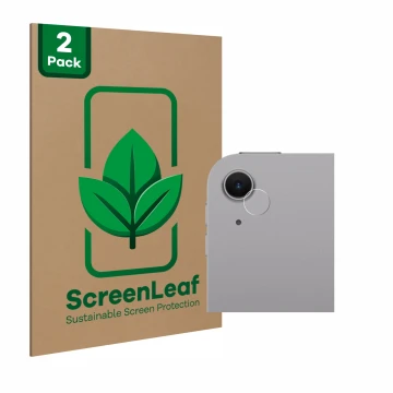 Front side of a product packaging with the brand logo ScreenLeaf. Next to it is the device Apple iPad Air 11