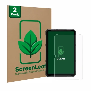 Front side of a product packaging with the brand logo ScreenLeaf. Next to it is the device Ulefone Armor Pad 3 Pro shown with 