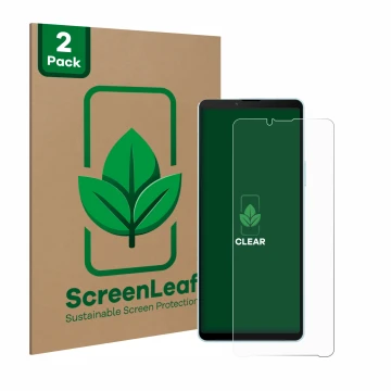 Front side of a product packaging with the brand logo ScreenLeaf. Next to it is the device Sony Xperia 10 VI shown with the co