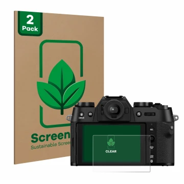 Front side of a product packaging with the brand logo ScreenLeaf. Next to it is the device Fujifilm X-T50 shown with the corre