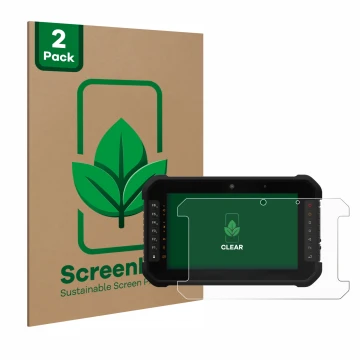 Front side of a product packaging with the brand logo ScreenLeaf. Next to it is the device GeoMax Zenius 08 shown with the cor