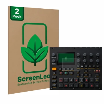 Front side of a product packaging with the brand logo ScreenLeaf. Next to it is the device Elektron Digitakt II shown with the