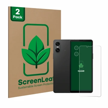 Front side of a product packaging with the brand logo ScreenLeaf. Next to it is the device Sony Xperia 10 VI (Front+Camera) sh