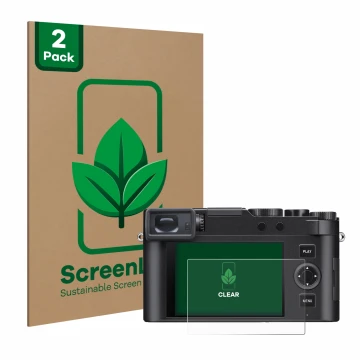 Front side of a product packaging with the brand logo ScreenLeaf. Next to it is the device Leica D-Lux 8 shown with the corres