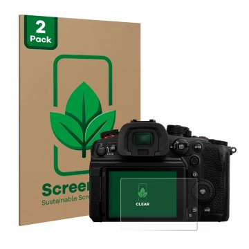 Front side of a product packaging with the brand logo ScreenLeaf. Next to it is the device Panasonic Lumix DC-GH7 shown with t