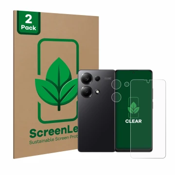 Front side of a product packaging with the brand logo ScreenLeaf. Next to it is the device Xiaomi Redmi Note 13 Pro 4G (Front+