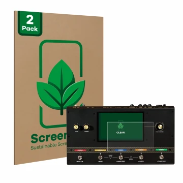 Front side of a product packaging with the brand logo ScreenLeaf. Next to it is the device Headrush Core shown with the corres