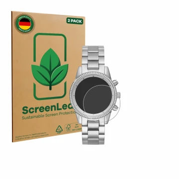 Front side of a product packaging with the brand logo ScreenLeaf. Next to it is the device Michael Kors Ritz MK6428 shown with