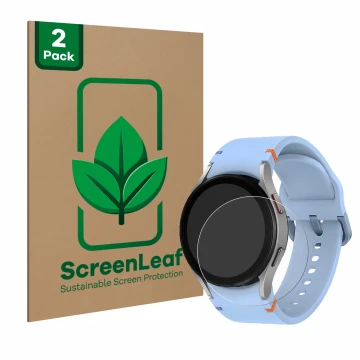 Front side of a product packaging with the brand logo ScreenLeaf. Next to it is the device Samsung Galaxy Watch FE shown with 