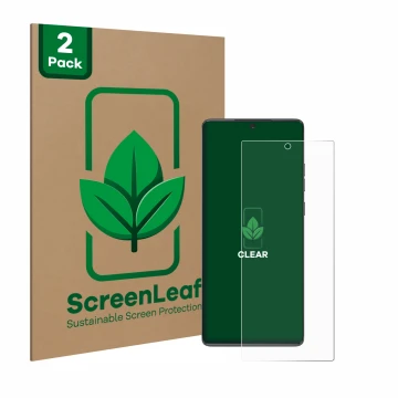Front side of a product packaging with the brand logo ScreenLeaf. Next to it is the device Motorola Moto G85 shown with the co