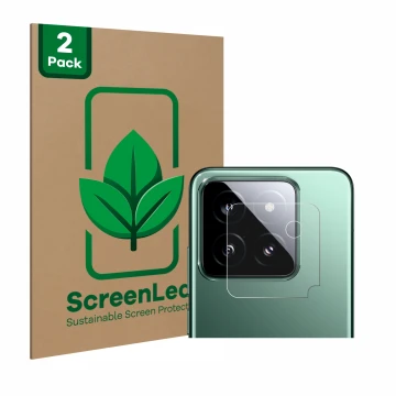 Front side of a product packaging with the brand logo ScreenLeaf. Next to it is the device Xiaomi 14 (ONLY Camera Lens) shown 