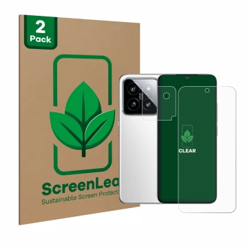 Front side of a product packaging with the brand logo ScreenLeaf. Next to it is the device Xiaomi 14 (Front+Camera) shown with