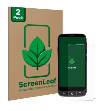 Front side of a product packaging with the brand logo ScreenLeaf. Next to it is the device SPC Zeus 4G Pro shown with the corr