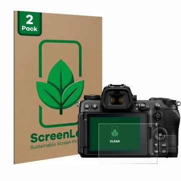 Front side of a product packaging with the brand logo ScreenLeaf. Next to it is the device Nikon Z6 III shown with the corresp
