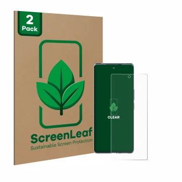Front side of a product packaging with the brand logo ScreenLeaf. Next to it is the device HTC U24 Pro shown with the correspo