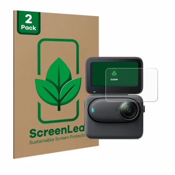 Front side of a product packaging with the brand logo ScreenLeaf. Next to it is the device Insta360 Go 3S shown with the corre