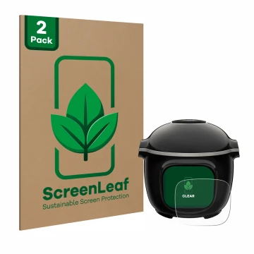 Front side of a product packaging with the brand logo ScreenLeaf. Next to it is the device Moulinex Cookeo Touch shown with th