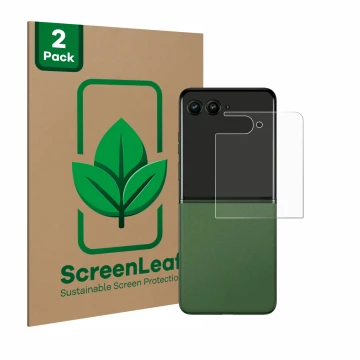 Front side of a product packaging with the brand logo ScreenLeaf. Next to it is the device Motorola Razr 50 Ultra (Back displa