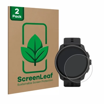 Front side of a product packaging with the brand logo ScreenLeaf. Next to it is the device Suunto Race S shown with the corres