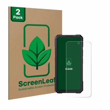 Front side of a product packaging with the brand logo ScreenLeaf. Next to it is the device Cubot King Kong X shown with the co