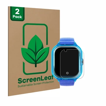 Front side of a product packaging with the brand logo ScreenLeaf. Next to it is the device SaveFamily Enjoy shown with the cor