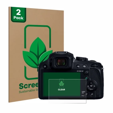 Front side of a product packaging with the brand logo ScreenLeaf. Next to it is the device Panasonic Lumix DC-FZ82D shown with