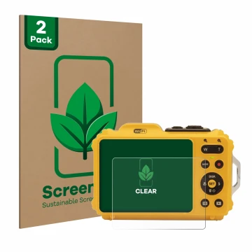 Front side of a product packaging with the brand logo ScreenLeaf. Next to it is the device Kodak Pixpro WPZ2 shown with the co