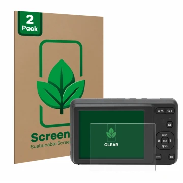 Front side of a product packaging with the brand logo ScreenLeaf. Next to it is the device Kodak Pixpro FZ55 shown with the co