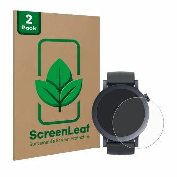 Front side of a product packaging with the brand logo ScreenLeaf. Next to it is the device Nothing CMF Watch Pro 2 shown with 