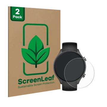 Front side of a product packaging with the brand logo ScreenLeaf. Next to it is the device OnePlus watch 2R shown with the cor