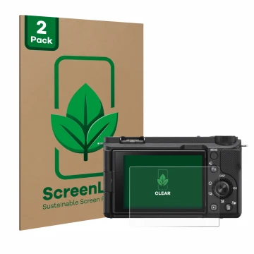 Front side of a product packaging with the brand logo ScreenLeaf. Next to it is the device Sony Alpha ZV-E10 II shown with the