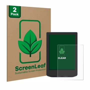 Front side of a product packaging with the brand logo ScreenLeaf. Next to it is the device PocketBook Verse Pro Color shown wi