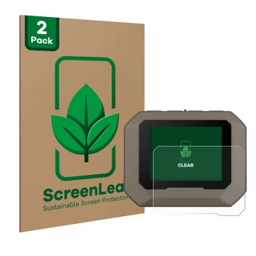 Front side of a product packaging with the brand logo ScreenLeaf. Next to it is the device Garmin Xero C1 Pro shown with the c